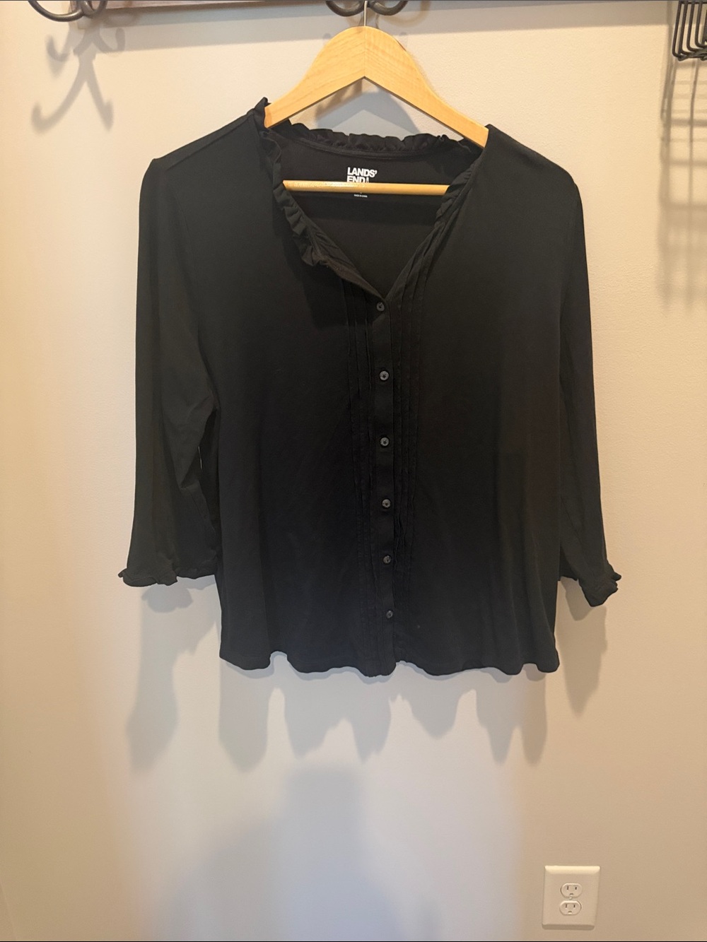 Lands' End Black Ruffle-Trim Button-Down Women's Top
